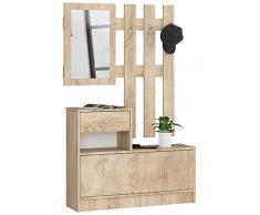 AKORD | Guardaroba Completo 2 Pezzi | Scarpiera con Piano e Cassetto 90 x 70 x 25 cm | e Appendiabiti a Muro con Specchio 90 x 100 cm | Set Completo Ingresso | Peso 39 kg | Rovere di Sonoma