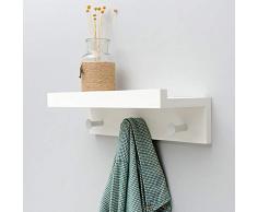 Mensola da parete con ganci, in bambù, gancio appendiabiti e mensola superiore, per riporre in corridoio, bagno, soggiorno, camera da letto, colore bianco, 35,5 x 12 x 8 cm
