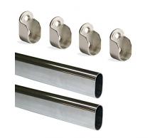 Emuca Kit di Asta Appendiabiti Ovale da Armadio 950 mm e Supporti, Cromato, Set di 2