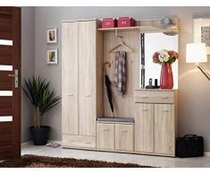 Mobile Sierramar Set da Ingresso Armadio, Ganci, Appendiabiti, Panca con Scarpiera, Mobiletto con Cassetto, Vani con Ante, Specchio Entratina di Design 181 x 203 x 32 cm Rovere