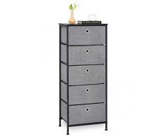 WEEU Comodino con 5 Cassetti in Tessuto Cassettiera Stretta Armadietto Organizer Metallo Capiente per Camera da Letto Soggiorno Canterano Cucina Ingresso Corridoio Nero & Grigio Acciaio & Legno