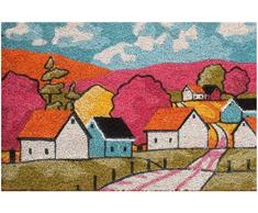 Baroni Home Zerbino da Esterno in Cocco con Base in PVC Dipinto a Mano Raffigurante Villaggio Rosso 60X40X2 cm. Facile da Pulire e Ultraresistente