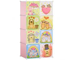 homcom Mobile Scarpiera Modulare Armadio Componibile Salvaspazio Portascarpe con Disegni Animali per Interni, 8 Cubi 35x45x35cm in Plastica PP e Acciaio, 74x47x144cm, Rosa