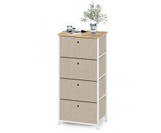 Armadietto Cassettiera con 4 Cassetti in Tessuto Comodino Stretta Metallo Pratico Organizer Moderno per Soggiorno Camera da Letto Corridoio Ingresso Cucina Ufficio in Legno e Acciaio Bianco e Beige