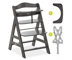 Hauck Seggiolone Pappa in Legno Alpha+ - Legno Cert.FSC®, Cintura Inguinale in Similpelle - Seggiolone Evolutivo da 6 mesi fino a 90 kg - Charcoal