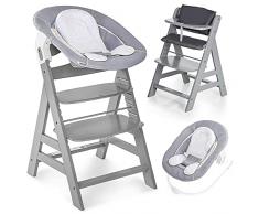 Hauck Alpha Plus Newborn - Seggiolone Pappa in Legno, evolutivo dalla Nascita - Con Sdraietta neonato, Riduttore, Cuscino seduta, Altezza regolabile - Grigio