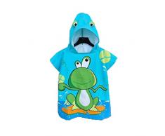Chickwin Asciugamano Poncho Bambino, Cartone Animato Kids Accappatoio Microfibra Asciugatura da Bagno con Cappuccio Asciugatura Rapida per Spiaggia Bagno (60x120cm,Rana blu)