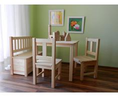 Best of JAM - Set di mobili per bambini composto da 1 tavolino, 2 sedie, 1 cassapanca, in legno massiccio non trattato, prodotto nuovo in confezione originale