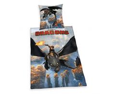Herding - Set Copripiumino singolo e federa da bambini, in cotone renforcé, motivo: Dragon Trainer, 100% cotone, Cotton, multicolore, 135 x 200 cm