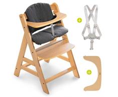 Hauck Seggiolone Alpha Plus - Seggiolone Pappa in Legno Evolutivo con Imbracatura a 5 punti, Barra di Protezione e Cuscino Premium - Chiaro Carbone