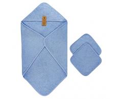Set Asciugamani per Neonato, 1 x Asciugamano Spugna con Cappuccio 90 cm x 90 cm, 2 x Asciugamani Morbidi per Neonati 30 cm x 30 cm, 100% spugna-cotone biologico, blu chiaro