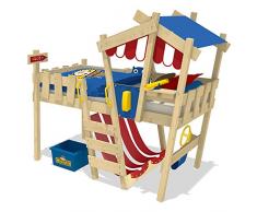 WICKEY Letto per bambini CrAzY Hutty Letto a soppalco con tetto Letto Avventura con rete a doghe, rosso-blu