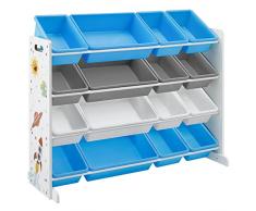 SONGMICS Scaffale per Giocattoli, Mobile Cameretta a 4 Ripiani con 16 Contenitori Rimovibili in Plastica, Organizzatore Giochi per Bambini, Stanza dei Giochi, Bianco, Azzurro e Grigio, GKR070W03