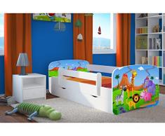 Bjird Letto per Bambini Singolo Bianco 140x70 160x80 180x80 con sponda anticaduta con barriera cassettone Estraibile e Telaio a doghe per Bambini e Bambine - Safari - 70 x 140 cm