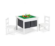 COSTWAY Tavolo Attività per Bambini 2 in 1, Tavolo da Costruzione a Doppia Faccia con 2 Sedie, 2 Cassetti in Tessuto non Tessuto, Set da Tavolo Multifunzione per Bambini, Bianco