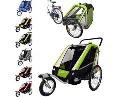 PAPILIOSHOP LEON Rimorchio passeggino carrellino per il trasporto di 1 o 2 uno due bambino bambini con la bici ruota anteriore piroettante bicicletta portabimbo bimbo bimbi portabimbi carrello pieghevole carrozzina da con x porta (New Verde)