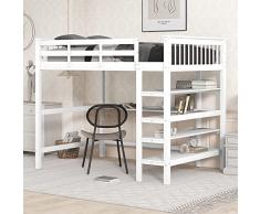 Moimhear Lettino per bambini, letto a soppalco con ripiani e scrivania sotto il letto (bianco, 140 x 200 cm)