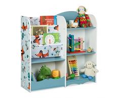 Relaxdays Scaffale Portagiochi con Cagnolini, Cameretta dei Bambini, Libreria a Ripiani, HxLxP 84x86x26 cm, Multicolore, 70% Fibra 20% Legno 10% Poliestere