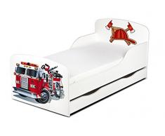 Leomark Letto per bambini in legno, cassetto e materasso, rete a doghe, mobili per bambino, magnifiche stampe, dimensioni del materasso 140 x 70 cm, colore bianco con motivo: POMPIERI COLORATO