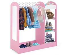 COSTWAY Guardaroba per Bambini in Legno, Mobile per Bambini con Specchio, Appendiabiti e Mensole, Armadio di Stoccaggio per Cameratta dei Bambini, 93,5 x 38 x 100 cm (Rosa)