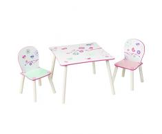 HelloHome 527FLW Tavolo per Bambini con Sedie di Fiori e Uccelli, Legno, White, 63 x 63 x 52.5 cm