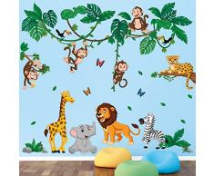DECOWALL DSL-8069 Animali della Giungla Adesivi Murali Cartone Animato Adesivi Murali Camerette Asilo Nido Camera dei Bambini Ragazza Bambino Albero Foresta Foresta Casa Leone Tigre Scimmia