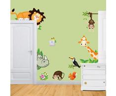 Adesivo da parete Gufo, Giraffa, Leone e scimmia sull'albero, poster da parete, vinile, rimovibile, decorazione per cameretta per bambini verde