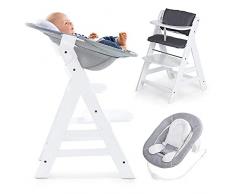 Hauck Alpha Plus Newborn - Seggiolone Pappa in Legno, evolutivo dalla Nascita - Con Sdraietta neonato, Riduttore, Cuscino seduta, Altezza regolabile - Bianco