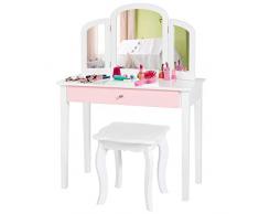 RELAX4LIFE Set Toeletta in Legno con Sgabello, Tavolo da Trucco con Cassetto con 3 Specchi per Bambini, Kit Toeletta da Trucco con Sedia per Bambine, Giocattolo da Trucco per Bambini (Bianca)