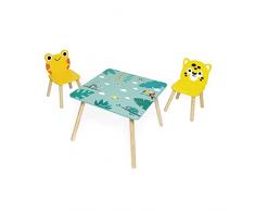 Janod - Tavolo e 2 Sedie in Legno Tropik - Mobili Per Bambini - Tavolo 55 x 55 cm, Sedia Rana e Sedia Giaguaro - Vernice ad Acqua - Dai 3 Anni, J08273