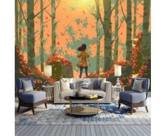 Fotomurali 3D Giovane Ragazza In Piedi Illustrazione, Murale Adesivo Foresta Di Autunno Del Fumetto, Sfondo Murale 300 x 210 cm - per Camera letto, Soggiorno