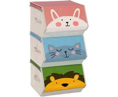 SONGMICS Organizzatori per Bambini, Set di 3 Scatole Portagiocattoli Impilabili, Organizzatori Pieghevoli con Manici, Coperchio Magnetico, Tema Animali, Rosa, Blu, Verde e Grigio RFB760P01