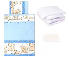 5 Pezzi Set di biancheria da letto per lettino 120 x 60 cm (Orsacchiotti Blu) Cuscino piumino copripiumino e federa Lenzuolo con angoli in jersey - 100% cotone