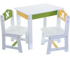 i bambini si siedono bieco tavolo di primavera dei bambini di legno e due sedie per i bambini, per i bambini di età da 1, 80 kg di carico, bianco, verde, giallo, Artnr 74.199.200
