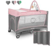 lionelo Flower 2in1 Lettino da campeggio neonato, Pieghevole con fasciatoio, Box bambini dalla nascita fino a 15 kg con matteraso, Portaoggetti, giocattoli pendenti, Entrata laterale, Borsa