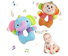 JoyPlus Giocattolo Sonaglio Neonati, Giochi Sensoriali per Neonati, Giochi Peluche Neonato, Sensoriale di Peluche Animali Giocattoli per 0-12 Mesi Bambini (Elefante e Scimmia)