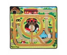 Melissa & Doug 19554 Tappeto di Attività Intorno alla Stazione Ferroviaria con 3 Vagoni Ferroviari in Legno Collegabili, 100x91 cm