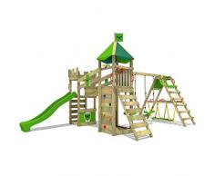 FATMOOSE Parco giochi in legno RiverRun Giochi da giardino con altalena SurfSwing e scivolo mela verde, Casetta da gioco per larrampicata con sabbiera e scala di risalita per bambini