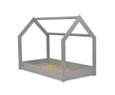 MS FACTORY Letto Casetta in Legno Massello 80x160 cm con Telaio a Doghe - Letto per Bambini Singolo - Stile Scandinavo Nordico Montessori - Grigio