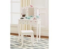 UTEX Fai finta di giocare Tavolo da trucco per bambini e sedia Set da toeletta con specchiera Toeletta da trucco con cassetto , Set da trucco da gioco,Bianca