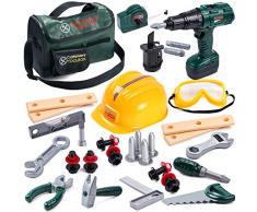 Toyssa Attrezzi da Lavoro Giocattolo Bambini 32 Pezzi Costruzioni Cassetta degli Attrezzi con Trapano Gioco Dimitazione Gioco Educativo Compleanno Natale Regalo per Bambini 3 4 5 6 7 8 Anni
