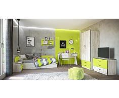 Cameretta Completa Cameretta Moderna Armadio Cassettiera Mensole Letto Singolo Scrivania Camera da Letto Bambini Bianco Fucsia e Bianco Verde CCI7 (Bianco Shabby e Verde)