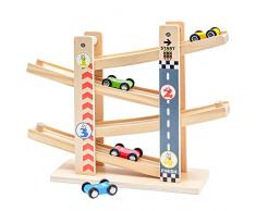 Rampe per auto in legno|Scivolo per auto a zig zag|Giocattoli per bambini Pista da corsa in legno con 4 macchinine in legno per regali per bambini di 1 2 anni (City)
