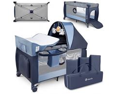 LIONELO Sven Plus 2in1 Box bambini dalla nascita fino a 15kg Lettino pieghevole con Fasciatoio baldacchino, Giocattoli Pendenti, Ingresso laterale aggiuntivo, Sistema LockGuard, Zanzariera e Rotelle