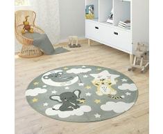 Paco Home Tappeto Bambini Rotondo Cameretta Femmine Maschi Stella Luna Elefante Arcobaleno, Dimensione:Ø 120 cm Tondo, Colore:Grigio