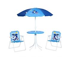 Outsunny Tavolo e Sedie per Bambini da Giardino con Ombrellone Regolabile, Set 4 Pezzi con Disegno a Squalo, Età 3-6 Anni, Blu