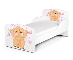 Letto Lettino Per Bambini In Legno e Materasso Magnifiche Stampe Dimensioni 140x70 Motivo Amare Gli Due Orsacchiotti Amico Orso Animale Coccoloso