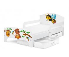 Smart Letto Lettino Per Bambini In Legno Cassetto Cassettone e Materasso Magnifiche Stampe Mobili Per Bambini Attrezzatura Stanza Per Bambino Dimensioni 140x70 Tema: Orsacchiotto e Api