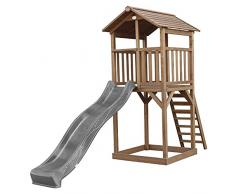 AXI Beach Tower parco giochi in legno in marrone | Torre di gioco per bambini con sabbiera e scivolo grigio | Casa per bambini su palafitte per il giardino.