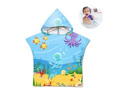 Chickwin Asciugamano Poncho Bambino, Cartone Animato Kids Accappatoio Microfibra Asciugatura da Bagno con Cappuccio Asciugatura Rapida per Spiaggia Bagno (60x80cm,blu)